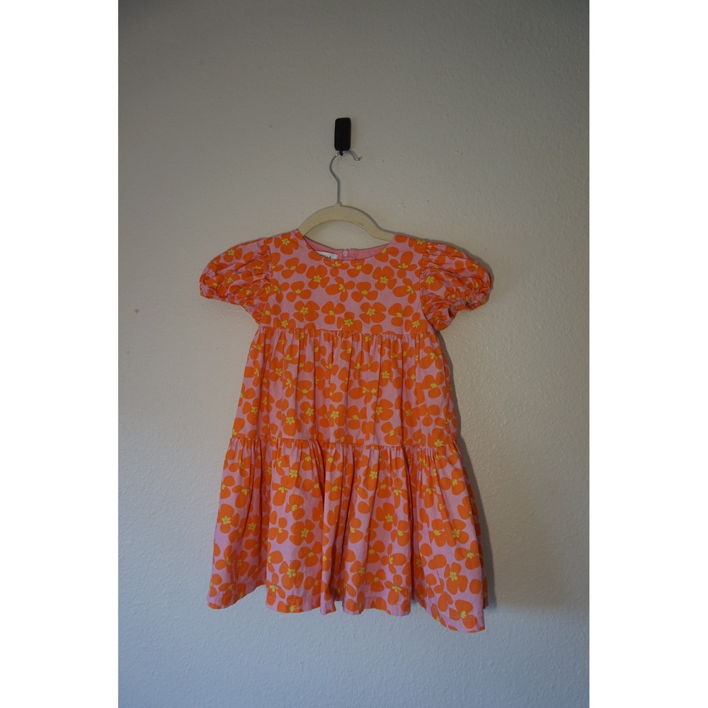 Little Stella Tiered Floral Dress Puff Sleeve Pink Orange Whimisical Mod Size M